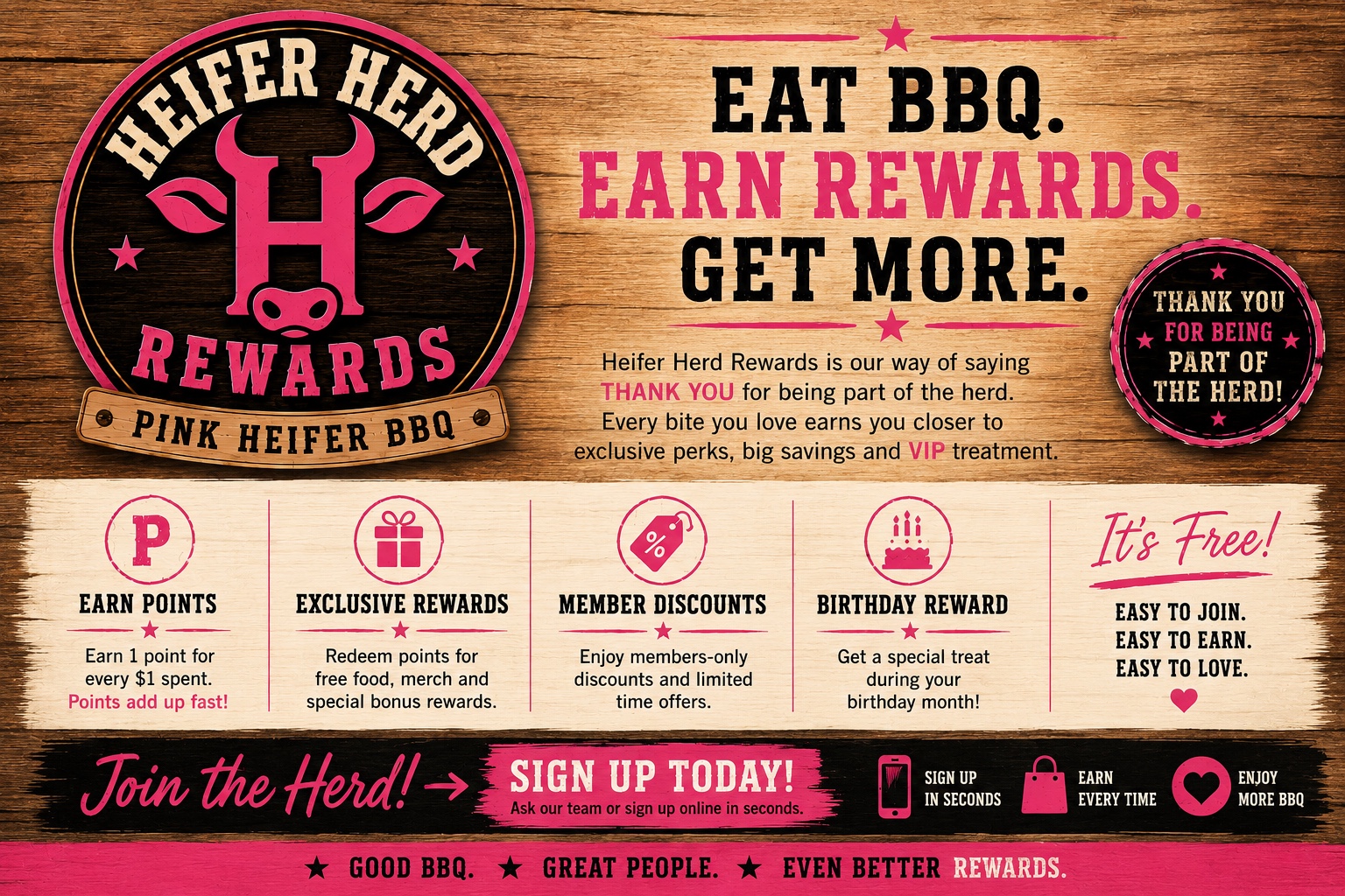 Heifer Herd rewards card showing member perks, rewards, and Pink Heifer BBQ membership details